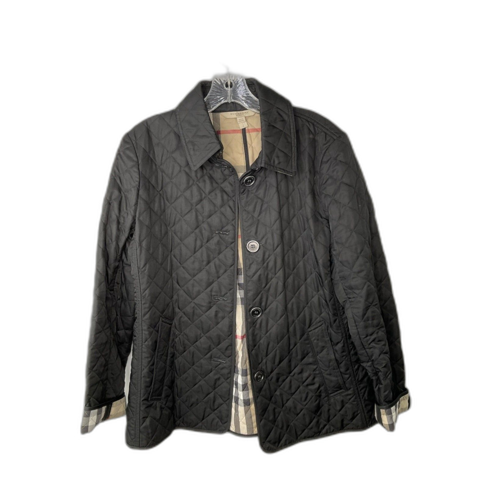 Burberry Brit Quilted Jacket Black Nova Check Lined Diamond Quilt Coat Size L
